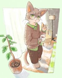 1boy borrowed_character brown_fur brown_pants brown_sweater cat cat_boy commission cup food from_below furry furry_male glasses green_hair green_shirt highres holding holding_cup indoors living_room male_focus nabatabatabata open_mouth original pants pawpads plant shirt skeb_commission solo sweater