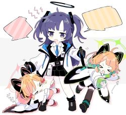 &gt;_&lt; 3girls anger_vein black_footwear black_skirt black_thighhighs black_vest blonde_hair blue_archive blue_hair blue_necktie blush bow chibi coat fake_tail green_bow halo highres holding_tail leg_grab long_hair long_sleeves midori_(blue_archive) momoi_(blue_archive) multiple_girls naguru_(cyoroama) necktie open_mouth pleated_skirt siblings sisters skirt sweat tail tail_grab thighhighs two_side_up vest white_coat yuuka_(blue_archive)