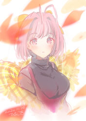 Rule 34 | 1girl, absurdres, antenna hair, black shirt, blush, breasts, commentary request, dated, hair intakes, highres, kami nomi zo shiru sekai, looking at viewer, nakagawa kanon, parted lips, pink eyes, pink hair, plaid clothes, plaid scarf, pyon-kichi, scarf, shirt, short hair, signature, solo, upper body, yellow scarf
