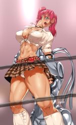 abs artist_request belt blue_eyes boots bowalia breasts candy_cane_(rumble_roses) choker cleavage front-tie_shirt front-tie_top green_eyes medium_breasts midriff muscular muscular_female one_eye_closed open_mouth panties plaid_clothes plaid_skirt red_hair rumble_roses school_uniform skirt tagme toned twintails underwear white_panties wince wrestling_ring