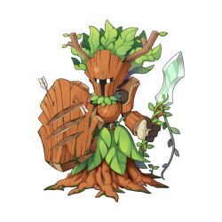 arrow_(projectile) branch broken_arrow chibi full_body holding holding_shield holding_sword holding_weapon leaf no_humans official_art plant ragnarok_online scar scar_across_eye scar_on_face shield simple_background solo sword transparent_background tree weapon wood wood_horns wooden_warrior yuichirou
