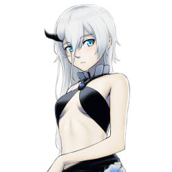 Rule 34 | 1girl, abyssal ship, aqua eyes, bikini, black bikini, breasts, closed mouth, flower, hair between eyes, horns, kantai collection, long hair, medium breasts, ne-class heavy cruiser, pale skin, porupurucha, simple background, single horn, solo, swimsuit, upper body, white background, white hair