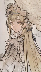 1girl absurdres ajirui bang_dream! bang_dream!_it&#039;s_mygo!!!!! bonnet capelet chain cross cross-laced_clothes fishnets flower frilled_bonnet frilled_capelet frilled_umbrella frills from_behind hair_flower hair_ornament hair_over_shoulder hair_ribbon highres lolita_fashion long_hair long_sleeves looking_at_viewer looking_back paper_texture parted_bangs parted_lips ribbon sepia sidelighting solo umbrella upper_body wakaba_mutsumi white_background white_ribbon