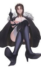 1girl absurdres black_thighhighs bluecup boots breasts breasts_out brown_eyes brown_hair cape collar copyright_request crossed_legs from_below fur_trim gloves high_heel_boots high_heels highres large_breasts looking_at_viewer looking_down medium_hair middle_finger nipples no_bra pantyhose smirk solo tempest_(game) the_war_of_genesis thigh_boots thighhighs tiara