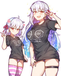 2girls absurdres anger_vein black_shirt blue_hair blush breasts colored_inner_hair earrings fate/grand_order fate_(series) hair_ribbon highres jewelry kama_(fate) large_breasts long_hair looking_at_viewer multicolored_hair multiple_girls open_mouth panties pink_panties pink_thighhighs purple_panties radishkek red_eyes ribbon shirt short_hair short_sleeves small_breasts smile sparkle striped_clothes striped_panties striped_thighhighs thigh_strap thighhighs thighs two-tone_hair underwear white_hair
