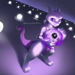 ambiguous_gender aura cat closed_mouth colored_skin commentary creatures_(company) deviantart_username electricity english_commentary game_freak gen_1_pokemon highres legendary_pokemon looking_at_viewer mewtwo nintendo no_humans orb pokemon pokemon_(creature) purple_eyes purple_fur purple_tail shadow standing tail tropicalcyclone white_fur