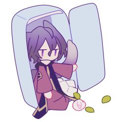 1boy animal_ears black_hair cat_boy cat_ears cat_tail chinese_commentary coat commentary_request deformed expressionless flower hair_between_eyes ice ikunsleep in_container in_refrigerator jitome kemonomimi_mode long_sleeves male_focus no_mouth purple_eyes red_coat refrigerator saibou_shinkyoku shirt short_hair solo tail utsugi_noriyuki white_flower white_shirt wilted_ahoge