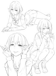 Rule 34 | 1girl, :p, blush, bow, bowtie, condom, condom in mouth, half-closed eyes, lineart, loafers, long sleeves, loose bowtie, lying, monochrome, mouth hold, multiple views, on side, original, own hands together, pleated skirt, ryuuta (msxtr), school uniform, shoes, short hair, skirt, smile, socks, squatting, sweater vest, tongue, tongue out