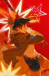 1girl absurdres belt black_hair black_shorts braid brown_eyes brown_jacket chinese_commentary commentary_request fang fang_ting film_grain gun highres holding holding_gun holding_weapon hood hood_down hooded_jacket jacket long_hair long_sleeves open_clothes open_jacket open_mouth pocket raging_loop red_background red_belt rifle serizawa_chiemi shirt shorts single_braid smile solo star_(symbol) weapon white_shirt