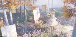 1girl absurdres autumn_leaves bang_dream! bang_dream!_it&#039;s_mygo!!!!! bonnet canvas_(object) chinese_commentary commentary_request copyright_notice daidai_blank1y dress easel flower frilled_dress frills green_hair hat hat_flower highres holding holding_paint_palette leaf long_hair looking_at_viewer outdoors paint_can paint_palette paint_tube paintbrush painting_(object) plant shoes solo standing tree wakaba_mutsumi white_bonnet white_dress white_flower white_hat white_shoes wide_shot yellow_eyes