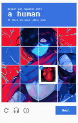 1other absurdres armor artist_name black_hair blue_skin cape captcha colored_skin deltarune english_text hair_over_one_eye heart highres kris_(deltarune) nebbeli red_eyes sweat upper_body