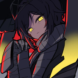 1girl an_apple_akaao bandaged_arm bandages black_hair conical_hat dark-skinned_female dark_skin grey_scarf heishou_pack-mao_branch_(identity)_(project_moon) limbus_company looking_at_viewer outis_(project_moon) project_moon scarf short_hair simple_background solo upper_body yellow_background yellow_eyes