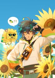 Rule 34 | 1boy, 1other, ?, ??, absurdres, ajaw (genshin impact), belt, black gloves, black hair, black shirt, blonde hair, earrings, erzplubdduik93g, flower, genshin impact, gloves, green eyes, green hair, green headband, green pants, hair between eyes, headband, highres, hood, hoodie, jewelry, kinich (genshin impact), looking at viewer, male focus, multicolored hair, open mouth, pants, shirt, short hair, sunflower, white hoodie