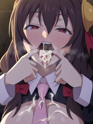 1girl burp cum cum_in_mouth cum_on_body cum_on_clothes cumdrip facial gokkun heart heart-shaped_pupils highres kono_subarashii_sekai_ni_shukufuku_wo! symbol-shaped_pupils tedain yunyun_(konosuba)