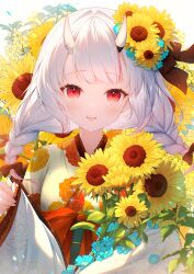 1girl :d alternate_costume alternate_hairstyle black_bow bow braid floral_background floral_print floral_print_kimono flower gradient_hair green_sash hair_between_horns hair_bow hair_flower hair_ornament haruhitooo highres holding holding_flower hololive horns japanese_clothes kimono long_hair long_sleeves looking_at_viewer low_twin_braids multicolored_hair nakiri_ayame obi oni open_mouth print_kimono red_eyes red_hair sash skin-covered_horns smile solo straight-on streaked_hair sunflower twin_braids upper_body virtual_youtuber white_hair white_sleeves wide_sleeves yellow_kimono