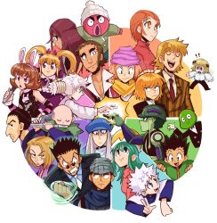 ! !! 6+boys 6+girls :&gt; :o angry aquiline_nose arthropod_boy aura averting_eyes bald bald bean_(hunter_x_hunter) biscuit_krueger black_hair blue_eyes closed_eyes color_coordination color_wheel color_wheel_challenge facial_hair flying formal_clothes ging_freecss gon_freecss headpat highres holding holding_microphone hunter_x_hunter ikalgo jitome killua_zoldyck kite_(chimera_ant) kite_(hunter_x_hunter) komugi_(hunter_x_hunter) kurapika leorio_paladiknight long_hair looking_ahead meruem microphone mini_person miniboy mito_freecss monster_boy multiple_boys multiple_drawing_challenge multiple_girls mustache_stubble nen_(hunter_x_hunter) nobunaga_hazama nose octopus_boy open_mouth orange_hair outstretched_arm pakunoda pariston_hill piyon_(hunter_x_hunter) playing_flute playing_instrument pokkle ponzu rainbow_order round_eyewear senritsu shaiapouf short_bangs short_hair smile sparse_stubble striped_suit stubble suit thick_eyebrows tiredhomeboi toon_(style) twintails u_u waving zepile