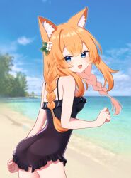 1girl :d ando_(user_hyza3545) animal_ear_fluff animal_ears arched_back arm_at_side ass bare_arms bare_shoulders beach black_one-piece_swimsuit blue_archive blue_eyes blue_sky blurry blurry_background braid breasts cowboy_shot day eyelashes flower frilled_one-piece_swimsuit frills from_side hair_between_eyes hair_flower hair_ornament highres leaf_hair_ornament leaning_forward long_hair long_sidelocks looking_at_viewer looking_to_the_side low_twin_braids mari_(blue_archive) mari_(swimsuit)_(blue_archive) medium_breasts one-piece_swimsuit open_mouth orange_hair outdoors sidelocks sky smile solo spaghetti_strap standing swimsuit twin_braids