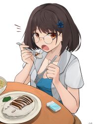 1girl absurdres bowl brown_eyes brown_hair chicken_(food) commentary eating english_commentary food fork gamryous girls&#039;_frontline glasses highres holding holding_fork holding_spoon looking_at_viewer plate rice sar-21_(girls&#039;_frontline) short_hair solo soup spoon table tissue vegetable
