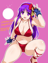 1girl asamiya_athena athena_(series) bikini blush breasts cleavage female_focus fingerless_gloves gloves groin hairband huge_breasts leg_up long_hair looking_at_viewer navel open_mouth plump purple_eyes purple_hair red_hairband side-tie_bikini_bottom sideboob smile snk solo swimsuit the_king_of_fighters thick_thighs thighs yukitaka