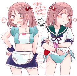 Rule 34 | apron, bikini, blue bikini, blue sailor collar, blue skirt, breasts, commentary request, cosplay, costume switch, dated, dual persona, hair bobbles, hair ornament, izumiyamisono, kantai collection, medium breasts, pink eyes, pink hair, pleated skirt, puff of air, sailor collar, sazanami (kancolle), sazanami (swimsuit) (kancolle), sazanami kai (kancolle), school uniform, scrunchie, serafuku, short sleeves, side-tie bikini bottom, skirt, swimsuit, translation request, twintails, twitter username, waist apron, watermark, white apron, wrist cuffs, wrist scrunchie