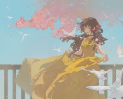 Rule 34 | 1girl, absurdres, animal, balcony, bare arms, bird, black choker, blue sky, breasts, brown hair, cherry blossoms, cherry tree, choker, commentary request, day, dove, dress, falling feathers, feathers, feet out of frame, floating clothes, floating hair, hair over shoulder, hair ribbon, happy, highres, lace, lace-trimmed dress, lace trim, large breasts, long dress, long hair, miren de du nan, open mouth, original, outdoors, railing, red eyes, red ribbon, ribbon, simple bird, sky, sleeveless, sleeveless dress, smile, solo, standing, sunlight, wavy hair, white bird, wispy bangs, yellow dress