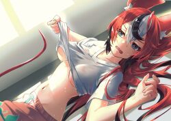 1girl animal_ears black_hair blue_eyes breasts clothes_lift flame_print hakos_baelz highres hololive hololive_english long_hair lying medium_breasts mouse_ears mouse_girl mouse_tail multicolored_hair oji_(nyantyu081) on_back red_hair red_shorts sharp_teeth shirt shirt_lift shorts streaked_hair tail teeth upper_teeth_only very_long_hair virtual_youtuber white_hair white_shirt