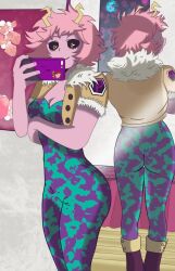 1girl ashido_mina ass bed bedroom black_sclera boku_no_hero_academia boots cellphone colored_sclera colored_skin curly_hair curvy formal_clothes horns huge_ass messy_hair mirror phone pink_hair pink_skin selfie smile suit superhero_suit yellow_eyes