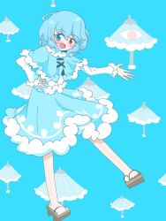 Rule 34 | 1girl, blue eyes, blue hair, blue skirt, full body, geta, hand on own hip, heterochromia, highres, long sleeves, looking at viewer, mikkame, open mouth, red eyes, short hair, skirt, solo, standing, tatara kogasa, toes, touhou, umbrella, white sleeves