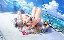 1girl animal azur_lane bare_shoulders barefoot bikini bird blue_bow blue_sky blush bottle bow bracelet breasts camera cleavage cloud cloudy_sky day flower full_body glass_bottle grey_eyes hair_bow hair_flower hair_ornament hair_spread_out highres holding holding_camera ice ice_bucket jewelry knees_up large_breasts long_hair looking_at_viewer lying manjuu_(azur_lane) mouth_hold non-web_source ocean official_alternate_costume official_art on_back outdoors palm_tree revision ship_turret sideboob sky smile soda_bottle solo sunglasses swimsuit thighs transparent_background tree very_long_hair vittorio_veneto_(azur_lane) vittorio_veneto_(the_flower_of_la_spezia)_(azur_lane) water white_flower yunsang