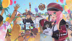 1boy 1girl absurdres aqua_eyes arataki_itto audience balloon blue_gemstone blue_sky bracelet newsboy_cap camera charlotte_(genshin_impact) cheering confetti cross-laced_clothes cross-laced_sleeves day ddal detached_sleeves flower gem genshin_impact gloves hat hat_feather highres holding holding_camera holding_microphone horns jewelry looking_at_viewer microphone monocle navel official_art oni onikabuto_(genshin_impact) open_mouth orange_eyes outdoors pectorals pink_hair pointing pointing_at_another portuguese_commentary puffy_detached_sleeves puffy_sleeves red_hair red_headwear red_horns red_sleeves rope shimenawa sky spiked_bracelet spikes ushi_(genshin_impact) vision_(genshin_impact) white_gloves white_hair yellow_flower