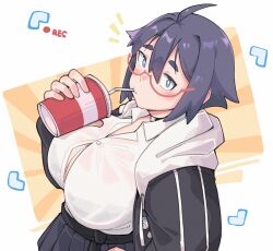 Rule 34 | 1girl, ahoge, black hair, black jacket, black skirt, blue eyes, blush, borrowed character, breasts, button gap, cleavage, closed mouth, collared shirt, commentary, cowboy shot, cup, disposable cup, drinking straw, drinking straw in mouth, expressionless, glasses, heart, highres, holding, holding cup, jacket, kokuya (kokuya28), large breasts, looking at viewer, notice lines, open clothes, open jacket, original, pleated skirt, recording, red-framed eyewear, shirt, short hair, skirt, solo, symbol-only commentary, white shirt
