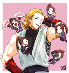 1boy 5girls :3 andy_bogard arm_behind_head arm_guards aroused black_undershirt blonde_hair brown_hair brushing_another&#039;s_hair brushing_hair camera chibi clone dapenpan dougi drooling face_between_pectorals fatal_fury fatal_fury:_city_of_the_wolves folding_fan hand_fan hand_fan_writing highres holding holding_fan measuring_biceps mini_person minigirl multiple_girls muscular muscular_male ponytail shiranui_mai sleeveless tape_measure undershirt upper_body