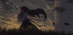 1girl arlene_grace baby carrying carrying_baby carrying_person cloud cloudy_sky floating_hair grass hair_between_eyes hanbok highres kapxapius korean_clothes leaf long_hair running sky tower_of_god white_hanbok wind wind_lift
