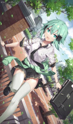 1girl alternate_costume bag black_necktie black_shoes black_skirt bracelet clothes_around_waist day dutch_angle gabiran green_eyes grey_thighhighs hair_ornament hairclip highres holding holding_bag jewelry medium_hair miniskirt necktie outdoors pleated_skirt shirt shoes sinon skirt solo sweater sweater_around_waist sword_art_online thighhighs thighs tree white_shirt white_thighhighs zettai_ryouiki