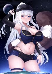 1girl absurdres black_hat black_shorts black_sleeves blue_eyes blue_shorts breasts cleavage collarbone commission cross-laced_clothes cross-laced_sleeves deogho_(liujinzy9854) detached_sleeves hand_up hat heart highres large_breasts long_hair midriff moon multicolored_shorts navel original panty_straps planet ponytail raccoon_tail short_shorts shorts solo space tail thigh_strap