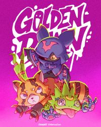 absurdres bat_(animal) blue_eyes chiropmon cross-shaped_pupils danzulian digimon digimon_(creature) digimon_beatbreak full_body gecko gekkomon group_picture highres no_humans one_eye_closed pristimon purple_background simple_background stuffed_toy symbol-shaped_pupils yellow_eyes