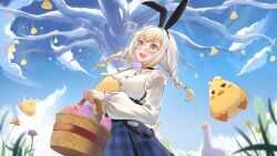 1girl absurdres animal_ear_hairband animal_ears aqua_bow basket bird blonde_hair blue_skirt bow braid breasts buttons colored_tips easter_egg egg fake_animal_ears flower glasses goose hair_bow hairband highres holding holding_basket indie_virtual_youtuber kanna_yanagi long_sleeves magnifying_glass multicolored_hair n4teart open_mouth orange_flower plaid_clothes plaid_skirt purple_flower rabbit_ear_hairband rabbit_ears shirt skirt smile solo tree twin_braids virtual_youtuber white_hair white_shirt yellow_eyes yellow_flower