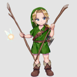 1boy belt belt_buckle blonde_hair blue_eyes boots brown_belt brown_boots buckle child closed_mouth commentary_request fairy fold-over_boots full_body green_hat green_tunic grey_background hat holding holding_staff link looking_at_object nintendo shield shield_on_back short_sleeves shoulder_belt simple_background solo staff standing sword tatl the_legend_of_zelda the_legend_of_zelda:_majora&#039;s_mask tunic wasabi_(legemd) weapon weapon_on_back young_link