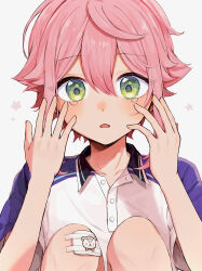 1boy androgynous bandaid bandaid_on_knee bandaid_on_leg c54chu0113 chestnut_mouth collared_shirt cowlick crying crying_with_eyes_open double-parted_bangs ensemble_stars! flipped_hair green_eyes hands_up highres himemiya_tori knees_up looking_ahead male_focus pink_hair polo_shirt purple_sleeves raglan_sleeves shirt short_hair short_sleeves simple_background sitting solo star_(symbol) straight-on tears upper_body wavy_eyes white_background white_shirt wing_collar