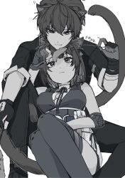 1boy 1girl animal_ear_fluff animal_ears cat_boy cat_ears cat_girl cat_tail cat_teaser commentary dual_persona elbow_pads facing_viewer female_rover_(wuthering_waves) gloves greyscale highres holding_cat_teaser jacket kemonomimi_mode leaning_on_person male_rover_(wuthering_waves) monochrome nekomu_10 pants partially_fingerless_gloves rover_(wuthering_waves) tail thighhighs wuthering_waves