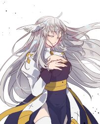 1girl alternate_color arch_bishop_(ragnarok_online) black_dress breasts cleavage cleavage_cutout closed_eyes closed_mouth clothing_cutout commentary_request cowboy_shot cross datenshi_no_fu dress expressionless feathered_wings floating_hair grey_hair hand_on_own_chest head_wings highres juliet_sleeves long_hair long_sleeves medium_breasts pelvic_curtain puffy_sleeves ragnarok_online sash solo thighhighs two-tone_dress very_long_hair white_dress white_thighhighs white_wings wings yellow_sash