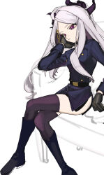 1girl black_boots black_gloves black_skirt blue_archive boots closed_mouth couch crossed_legs gloves grey_hair hair_ornament highres hina_(blue_archive) horns jacket knee_boots long_hair long_sleeves multiple_horns purple_eyes purple_thighhighs side_slit simple_background sitting skirt solo thighhighs umashio_potechi-san very_long_hair white_background
