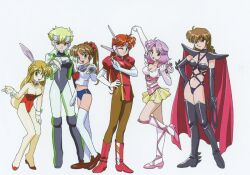 animal_ears blonde_hair breasts character_request cleavage closed_mouth idol_janshi_suchie-pai leotard long_hair looking_at_viewer milky-pai misaki_kyouko_(suchie-pai) multiple_girls official_art one_eye_closed open_mouth rabbit_ears rabbit_tail red_leotard short_hair simple_background skirt smile sonoda_ken&#039;ichi suchie-pai tachibana_reika_(suchie-pai) tail white_background