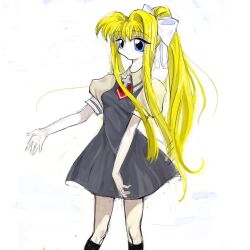 Rule 34 | 1girl, air (visual novel), blonde hair, blue eyes, bow, colored skin, cross, dress, floating hair, hair bow, highres, kamio misuzu, long hair, ponytail, solo, white skin, yogurt200