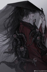 Rule 34 | 1boy, absurdres, adjusting clothes, adjusting headwear, ajirogasa, alternate hairstyle, bandages, black eyes, black hair, black hanfu, black veil, chinese clothes, chinese commentary, closed mouth, coat, creature, dao gui yi xian, eyeball, floating hair, from side, grey background, hand on headwear, hand up, hanfu, hat, highres, jiu shi jiu ci ming zhong zhu ding, li huowang, li sui (tentacles), long hair, long sleeves, looking at viewer, male focus, ponytail, profile, red coat, red eyes, robe, scar, scar on arm, scar on hand, scar on neck, simple background, slime (substance), solo, straw hat, tentacles, tentacles on male, tentacles under clothes, upper body, veil, watermark, weibo watermark, weimao, wide sleeves, wind
