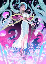1girl anklet bandage_on_thigh black_cloak blue_eyes breasts bridal_gauntlets cane cleavage_cutout cloak clothing_cutout commentary_request corset dalachi_(headdress) dress earth_(planet) gradient_hair grey_hair hand_on_cane high_heels highres horizontal_pupils indie_virtual_youtuber jewelry large_breasts looking_at_viewer mado_(mukade_tou) multicolored_hair nail_polish planet pochimaru_(vtuber) pochimaru_(vtuber)_(4th_costume) purple_cloak red_nails side_slit smile solo standing teardrop_facial_mark teeth tentacles toenail_polish toenails two-tone_cloak virtual_youtuber white_bridal_gauntlets white_dress