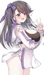 azur_lane bra breasts crop_top from_side hair_ribbon heart highres large_breasts long_hair long_sleeves mikuchi3939 no_panties open_mouth pamiat_merkuria_(azur_lane) purple_eyes purple_ribbon ribbon smile thighs underwear v