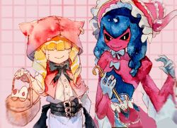 2girls basket black_sclera black_skirt blonde_hair blue_hair bonnet chaperomon colored_sclera colored_skin digimon digimon_(creature) highres holding holding_basket hood hood_up kominami_404 lamia lamiamon medium_hair missing_commentary monster_girl multiple_girls parasol pink_background pink_scales pink_skin red_hood shirt simple_background skirt stitched_face stitches umbrella upper_body white_shirt yellow_eyes