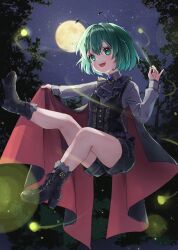 1girl :d adapted_costume ankle_boots antennae ascot bare_legs black_shorts black_vest boots brooch cape cape_hold collared_shirt commentary_request conductor_baton fireflies forest frills full_body full_moon green_eyes green_hair highres jewelry lace-trimmed_ascot lace-trimmed_shorts lace-trimmed_sleeves lace_trim moon nature night night_sky open_mouth outdoors shironeko_yuuki shirt short_hair shorts sky smile solo star_(sky) touhou two-sided_cape two-sided_fabric vest wriggle_nightbug
