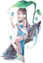 1girl aqua_eyes aqua_hair aqua_ribbon bad_feet bare_shoulders barefoot between_legs black_hair blue_dress blue_eyes blue_hair blush braid brown_hair bug butterfly butterfly_on_hand caustics colored_tips commentary crossed_ankles dew_drop dress dripping flower french_braid full_body green_ribbon hair_flower hair_ornament hair_ribbon hand_on_own_chest highres in_tree insect leaf long_hair looking_at_viewer miwano_rag multicolored_hair original panties pelvic_curtain redrawn ribbon ribbon_braid see-through_clothes shawl side-tie_panties simple_background sitting sleeveless sleeveless_dress soaking_feet solo streaked_hair symbol-only_commentary thigh_strap tree underwear very_long_hair water water_drop white_background